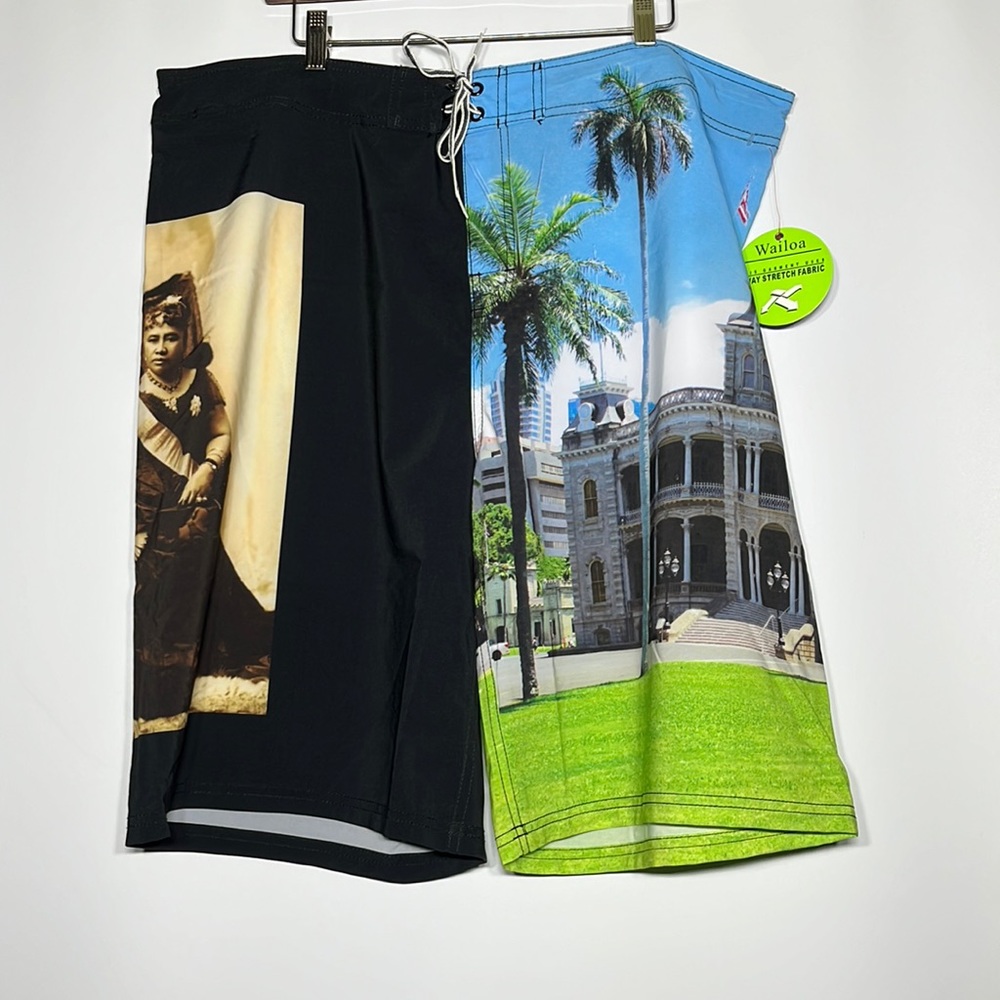 NWT men’s board shorts with queen Lily, Okolani, and Iolani palace back pocket